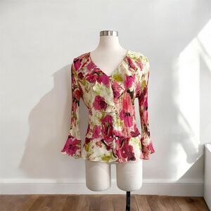 Allison Taylor Pink Green White Crinkle Sheer Floral Bell Sleeve Top Blouse XL